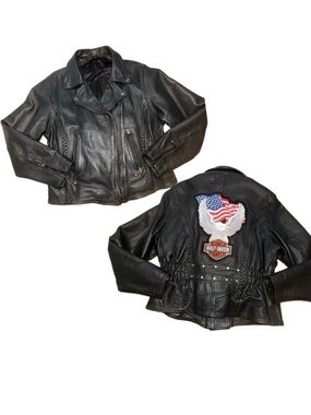 VTG 90s Womans leather moto jacket black eagle size Medium Harley Davidson Patch
